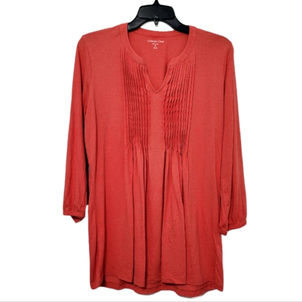 Coldwater Creek Coral Tunic Blouse Top Size M 10/12 Lagenlook Pintucked V neck